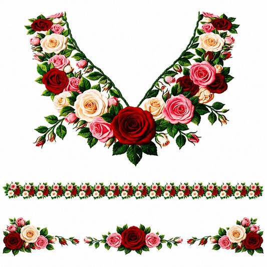 Luxury Floral Rose Neckline & Border DTF Design Set