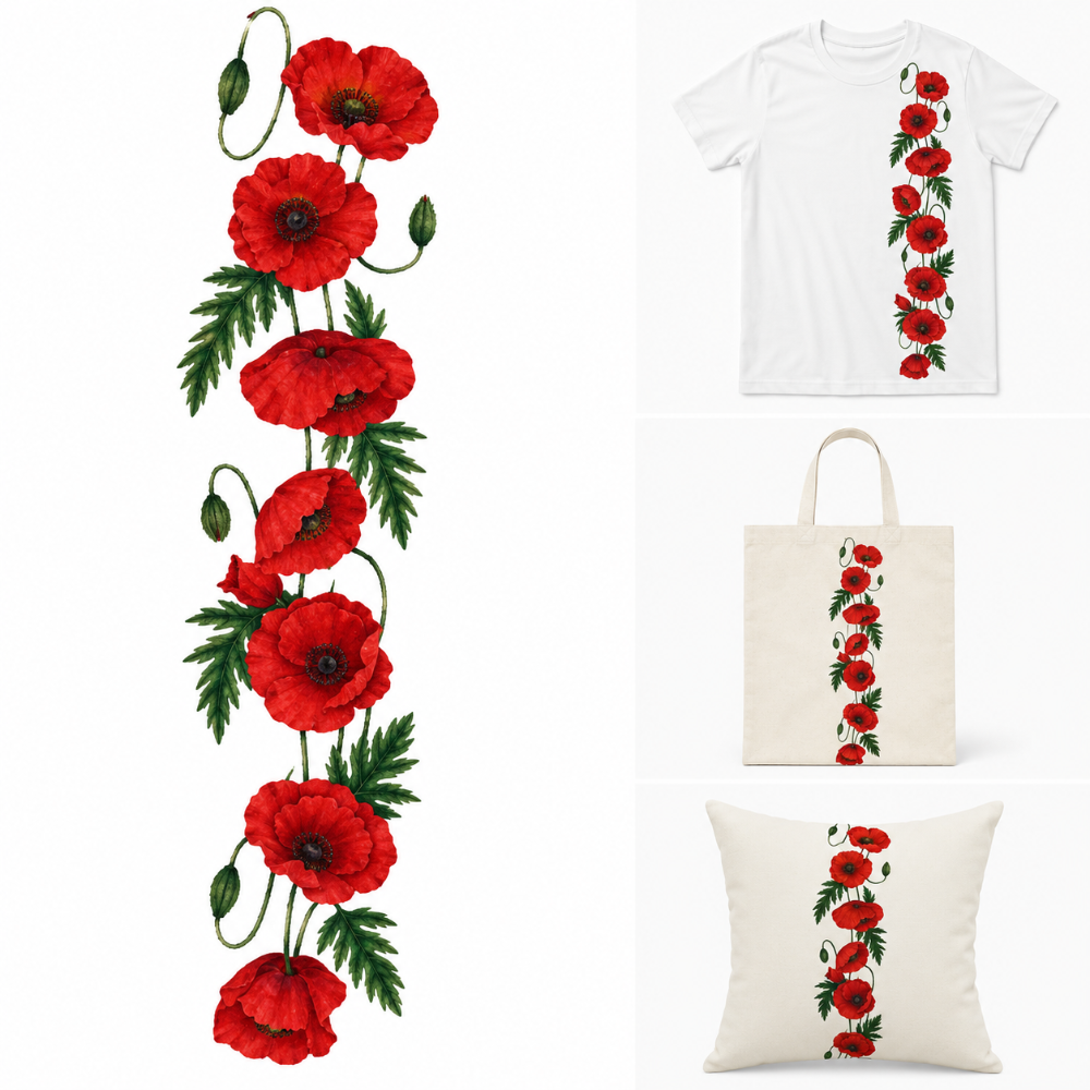 Red Poppy Flower Embroidered  DTF Easy  Transfer