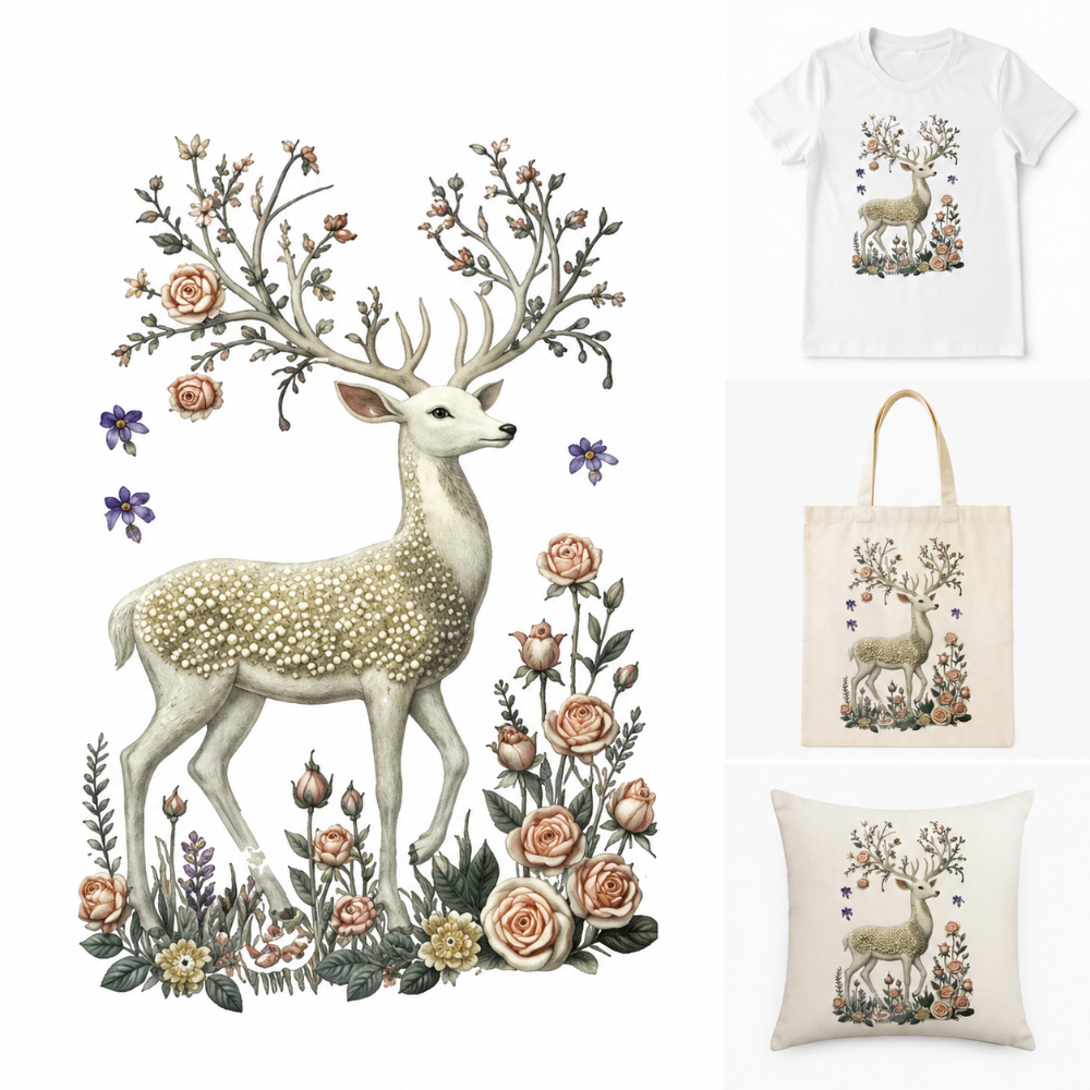 Enchanted Deer Floral Artwork DTF Easy Transfer