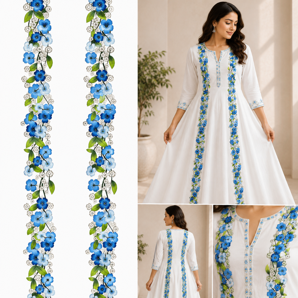 Luxury Blue Floral Embroidered Lace DTF Easy Transfer