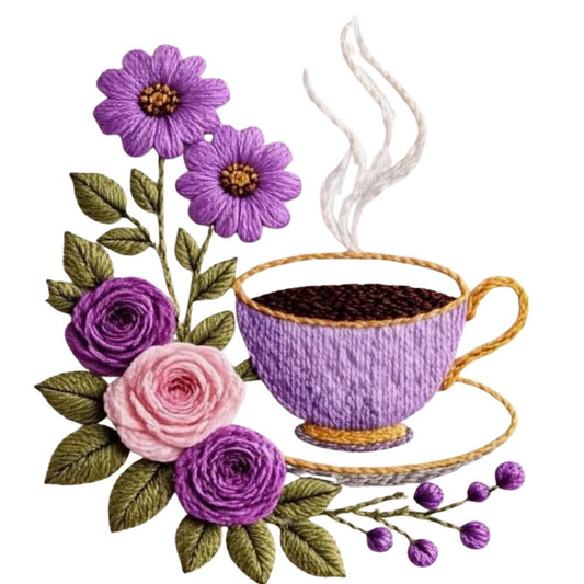 Purple Floral Coffee Cup Embroidery DTF Easy transfer